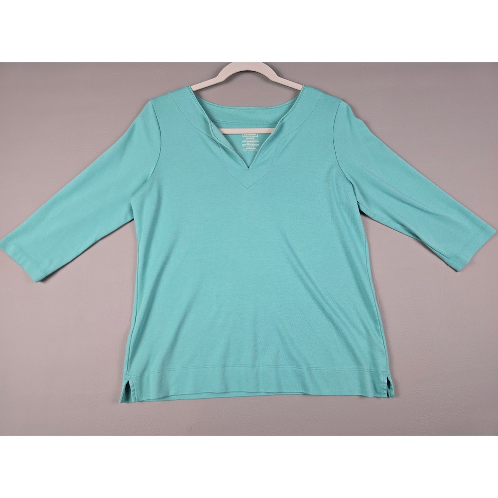 LL Bean Women M Aqua Blue 100% Supima Cotton 3/4 Sleeve Notched V-Neck Top